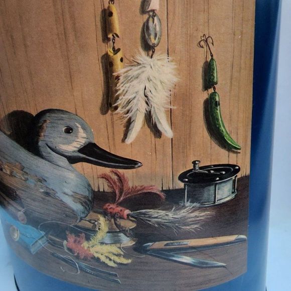 Vintage Plymouth Trash Can Waste Basket Duck Fly Fishing Mens Office Study MCM - Picture 8 of 10